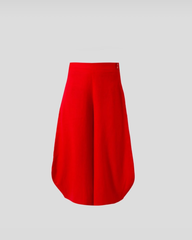 front view of red round-hem linen pants on grey background