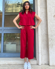 Minimalist Linen Set – Structured Cap Sleeve Top & Wide-Leg Pants