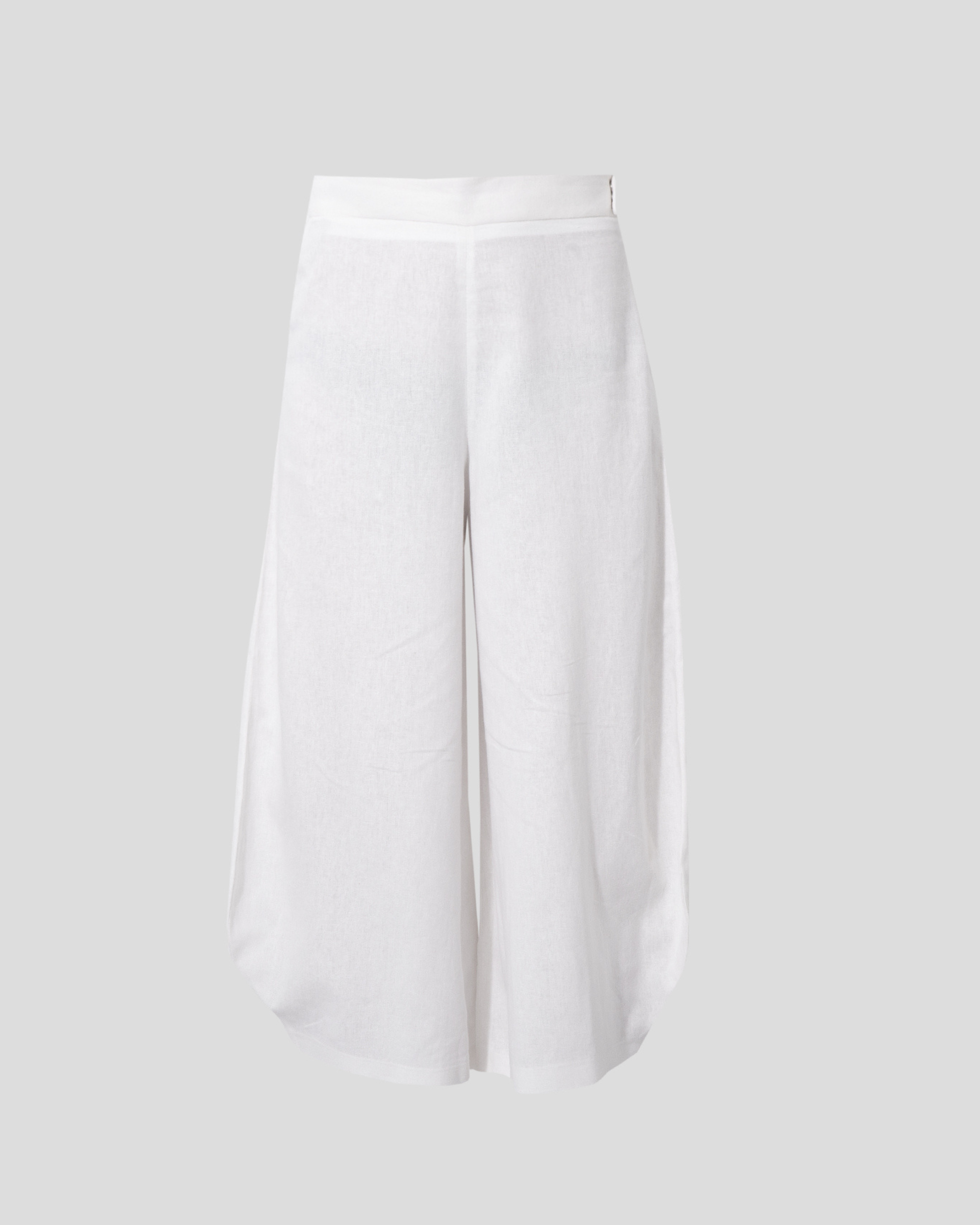 Wide-leg natural linen trousers with curved hem detail
