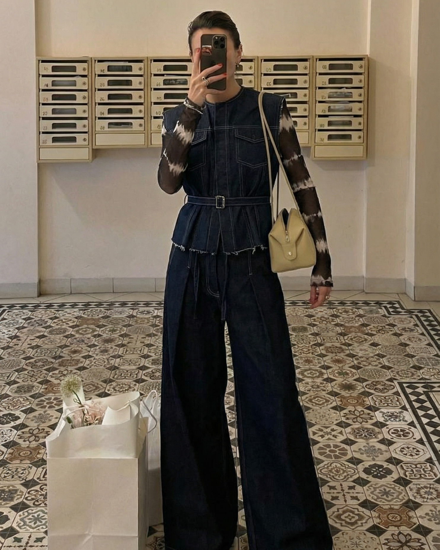 sculpted denim vest on model