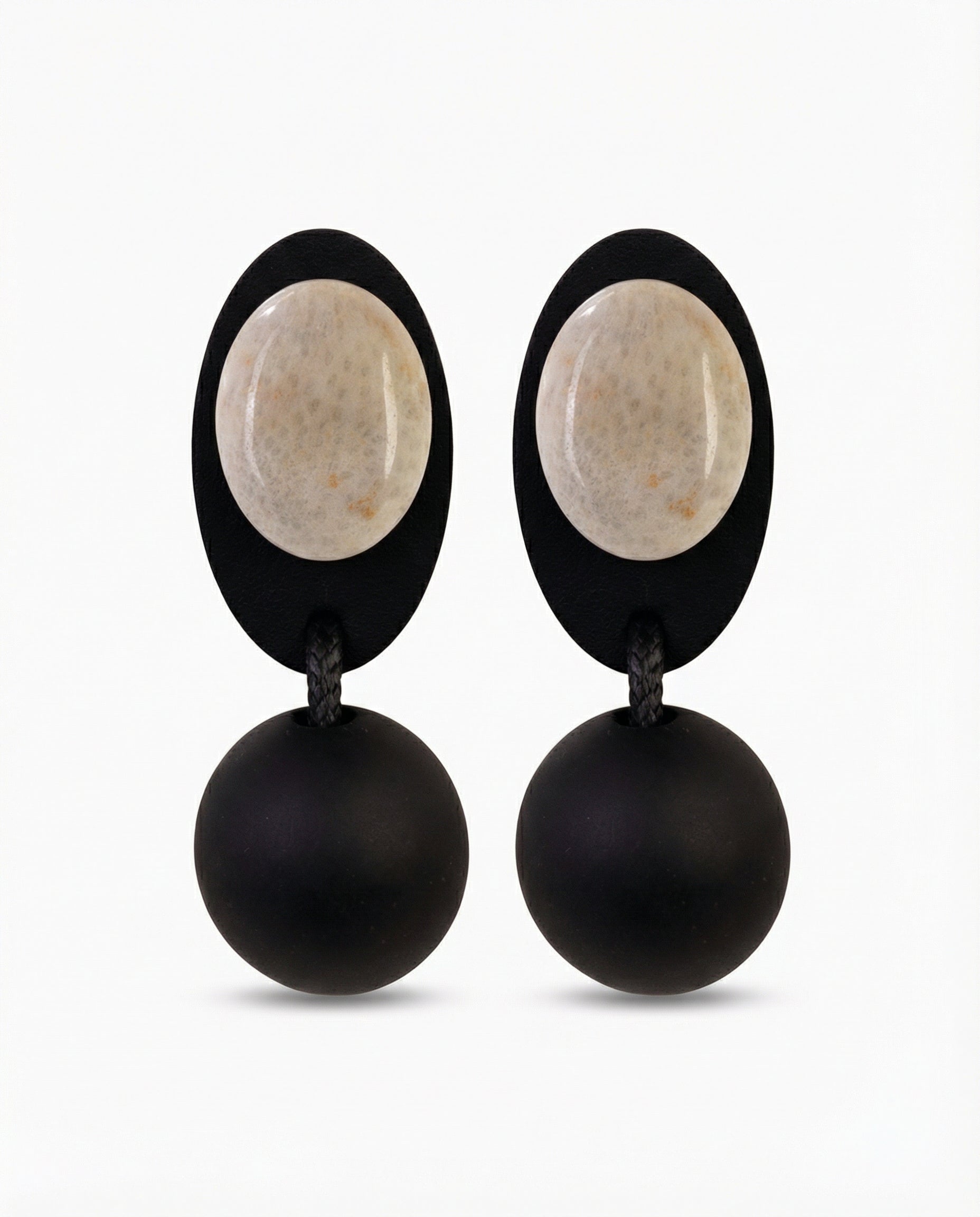 Handmade wood leather stone drop earrings front view