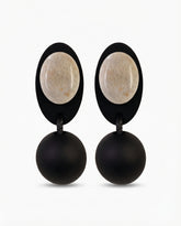 Handmade wood leather stone drop earrings front view