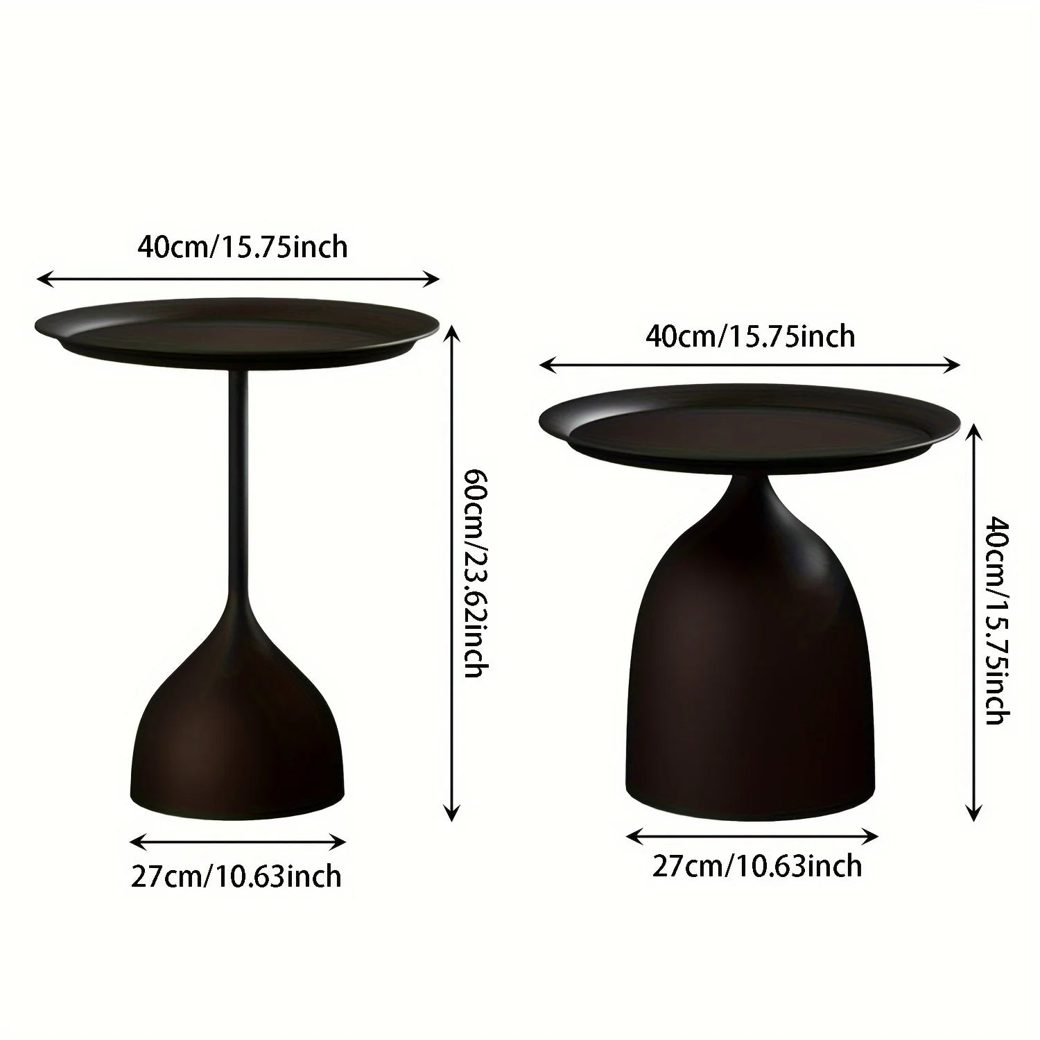 Dimensions of a black side table with measurements in centimeters and inches.
