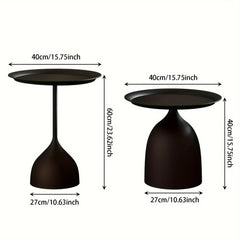 Dimensions of a black side table with measurements in centimeters and inches.