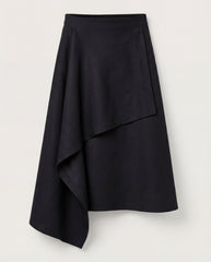 Black asymmetric linen midi skirt front view