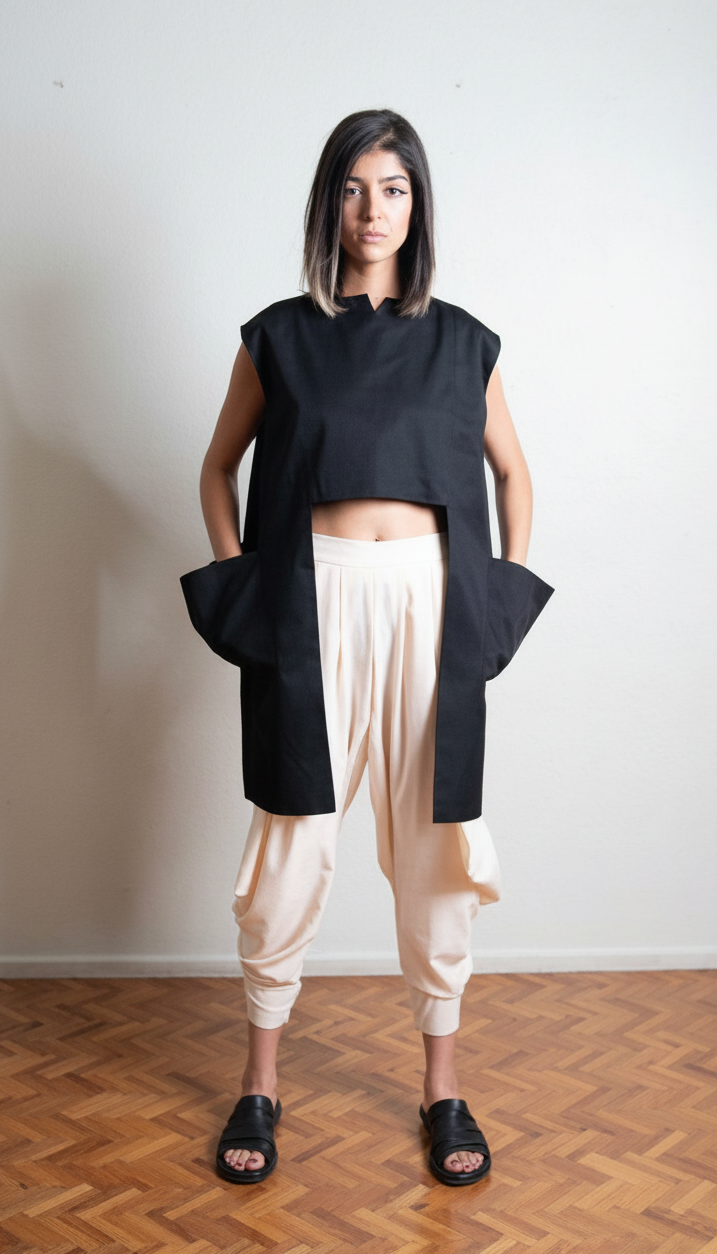 Free-size black top styled with cream tapered pants