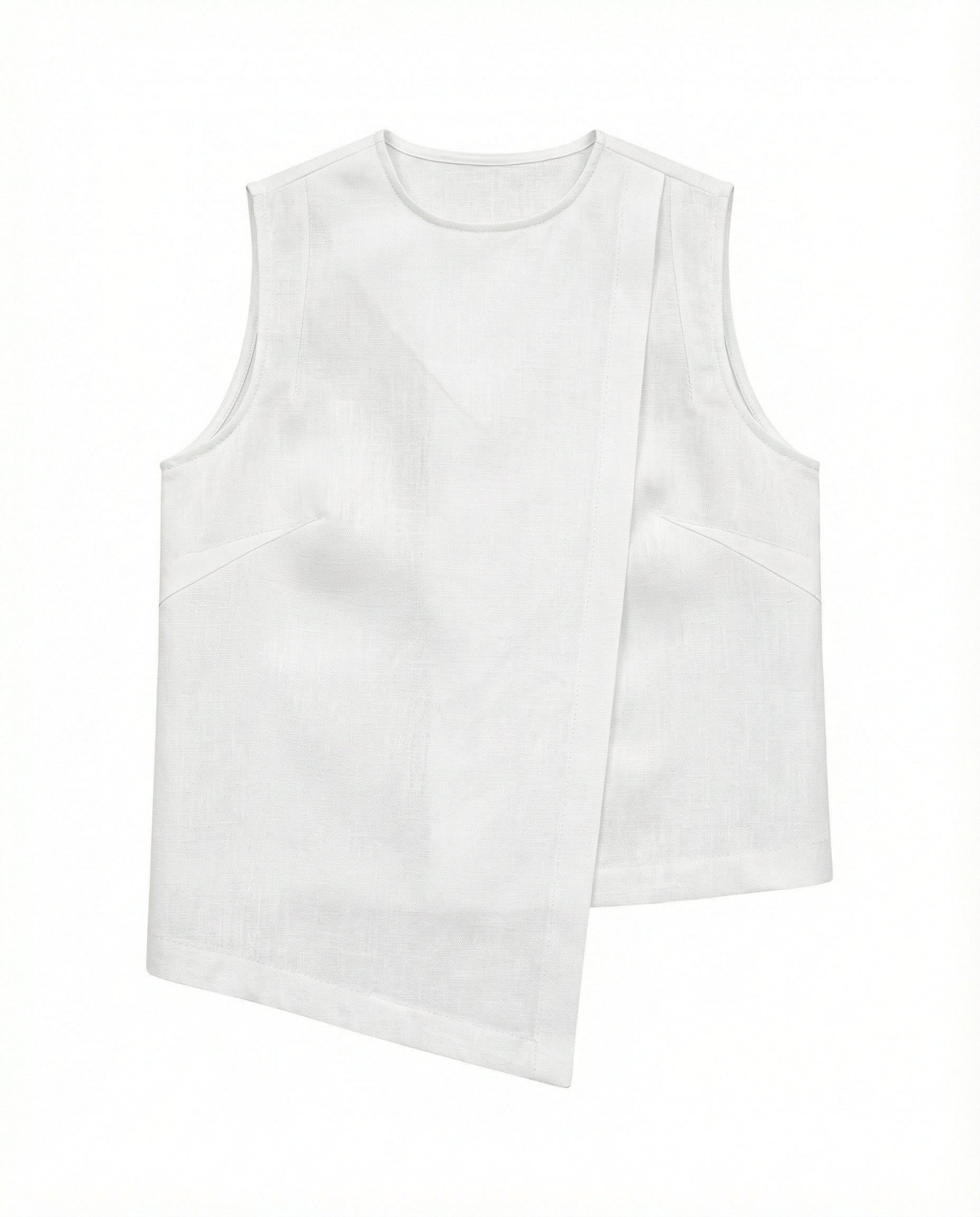 White linen sleeveless shirt on a white background