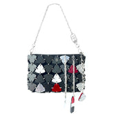 Black geometric mini bag with silver and red accents