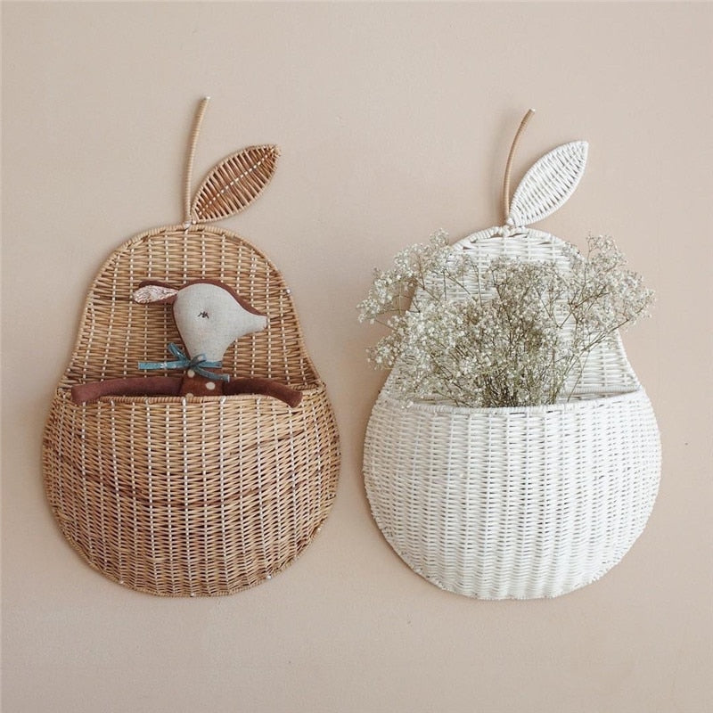 Handwoven vintage rattan apple-shaped storage basket
