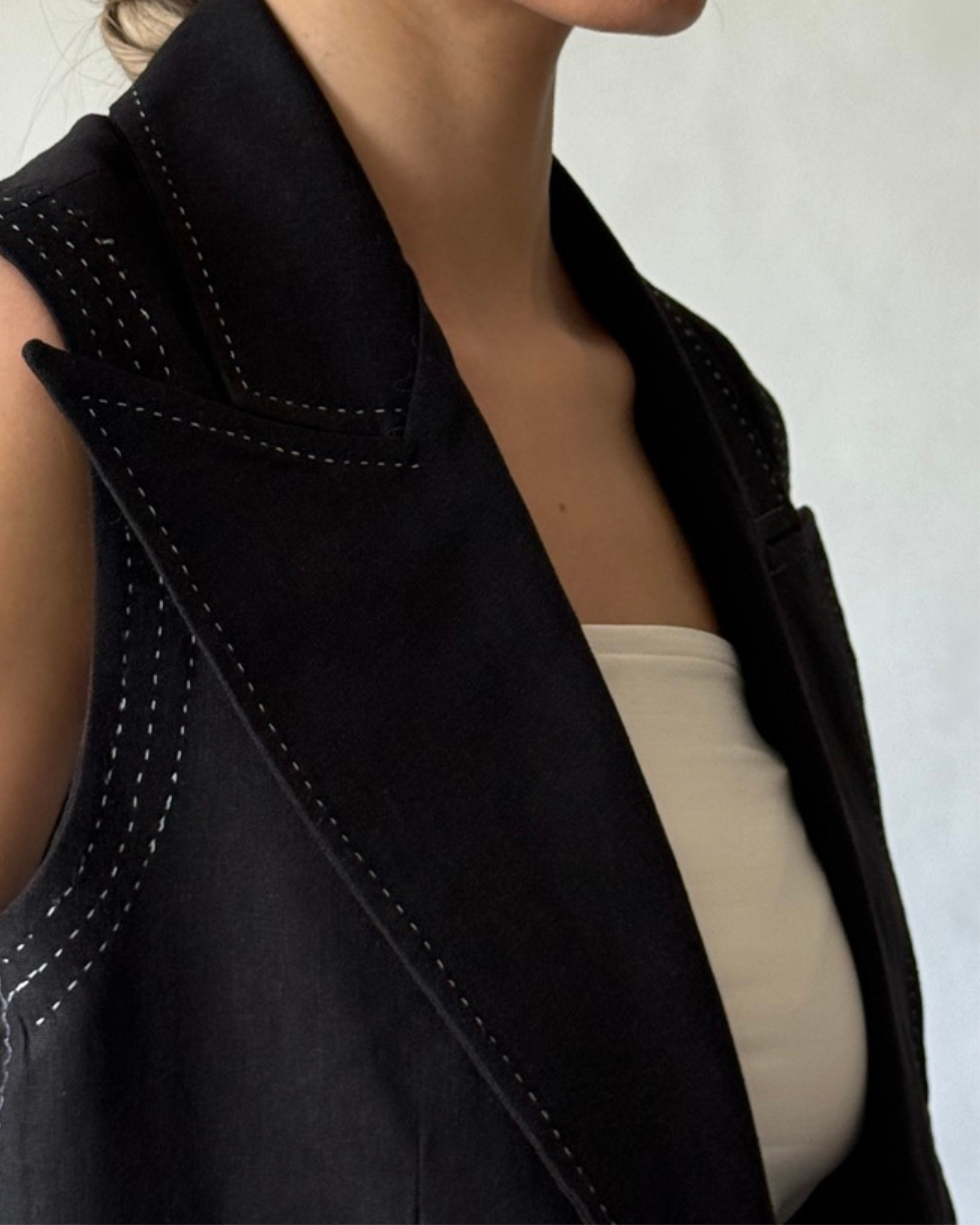 Linen-Blend Sleeveless Blazer with Decorative Stitch Detailing