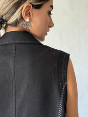 Takhteh Persian Carpet-Inspired Steel Earrings with Pearl Stud