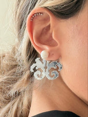 Takhteh Persian Carpet-Inspired Steel Earrings with Pearl Stud
