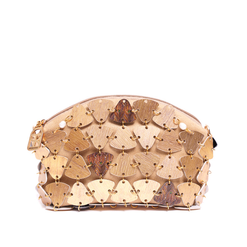 Handmade brass tile shoulder bag with gold chain