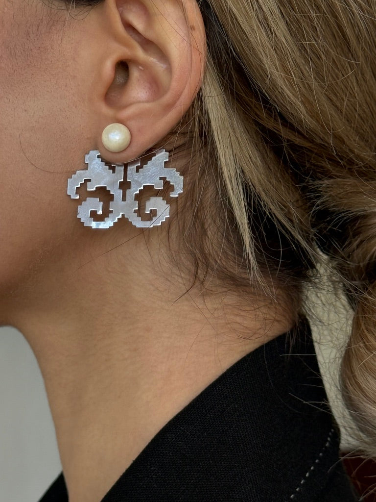Takhteh Persian Carpet-Inspired Steel Earrings with Pearl Stud