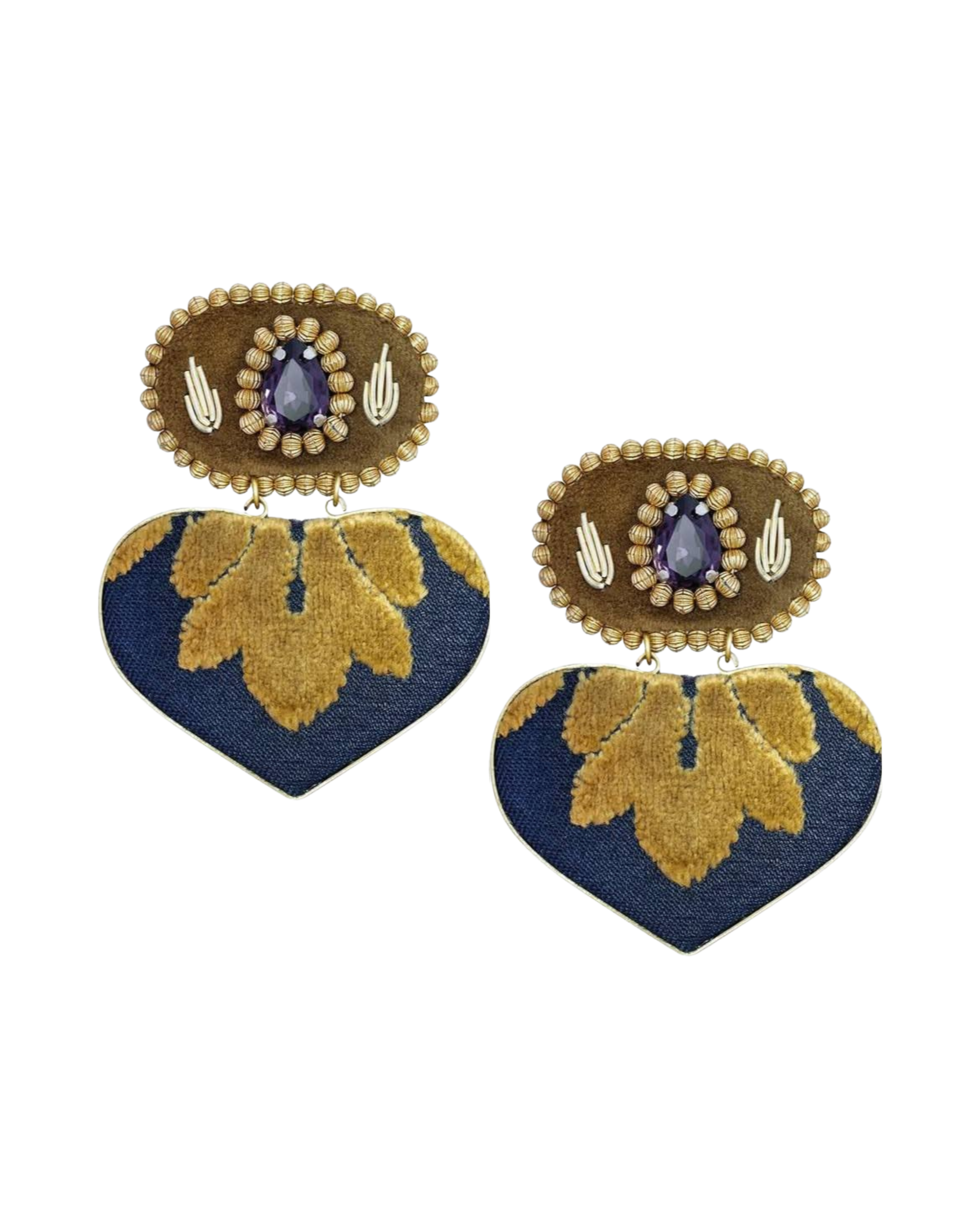 Handmade embroidered earrings with gold heart drop and violet crystal on white background