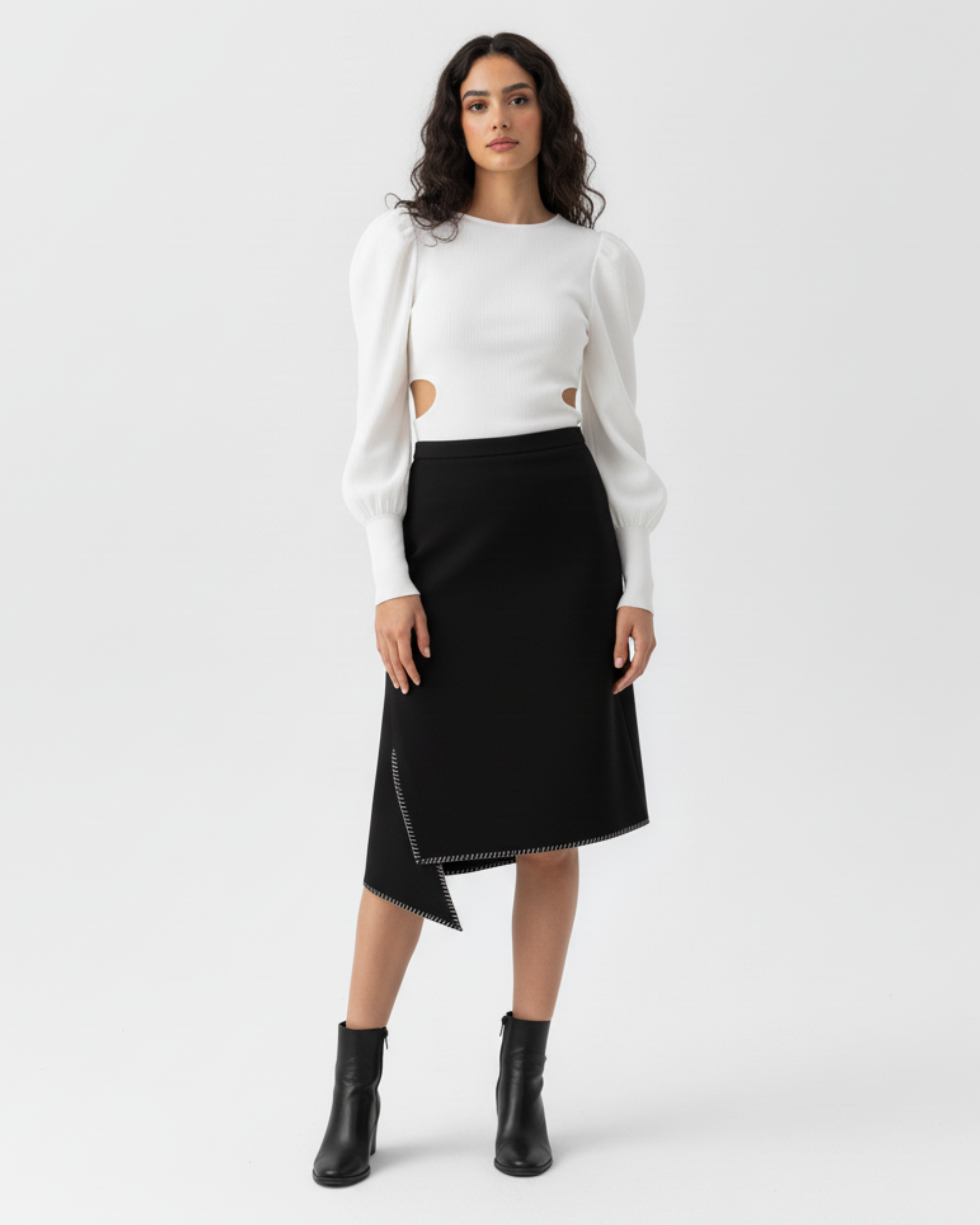 asymmetric hem black midi skirt modern tailoring