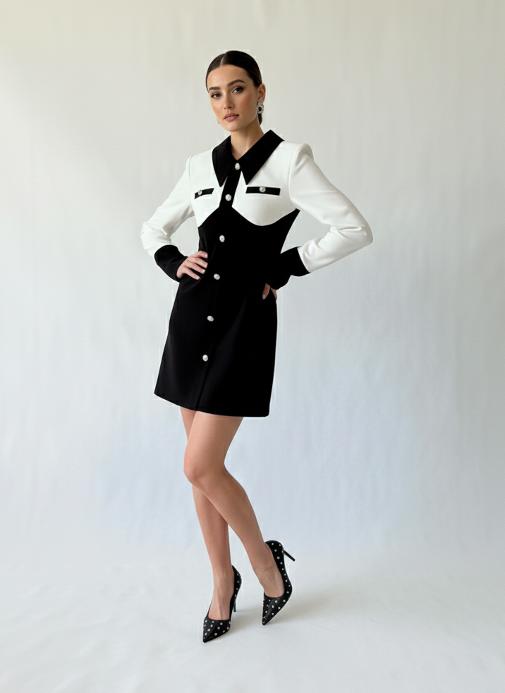 Tailored monochrome mini dress with structured collar and long sleeves, styled with black pointed heels.