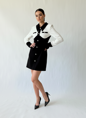 Tailored monochrome mini dress with structured collar and long sleeves, styled with black pointed heels.