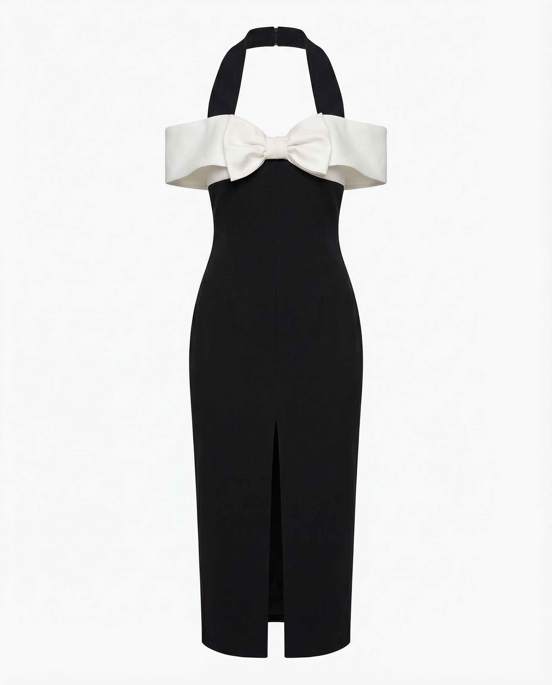 Premium crepe dress with halter neckline and bow detail