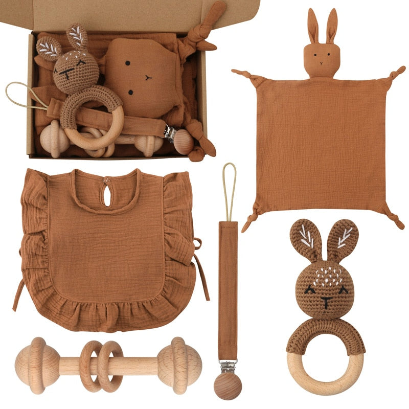 Brown Organic Baby Gift Set – Unique Combination of Teethers, Bib, & Comfort Toys
