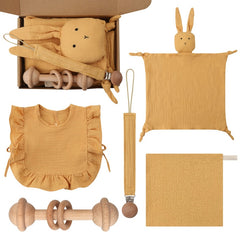 Brown Organic Baby Gift Set – Unique Combination of Teethers, Bib, & Comfort Toys
