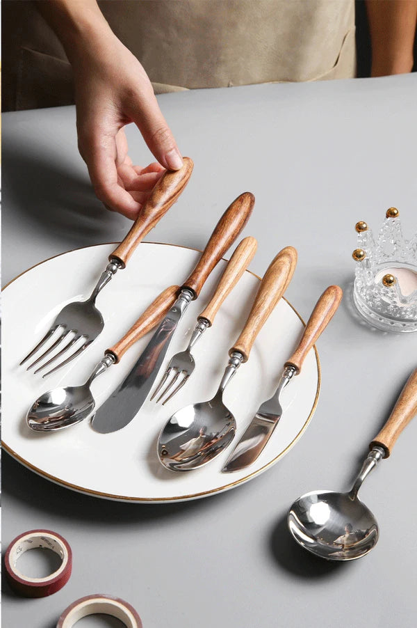 Stainless Steel Cutlery Set with Wooden Handle – 5-Piece Eco-Friendly Flatware
