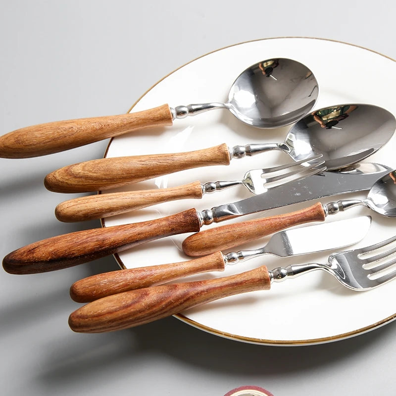 Stainless Steel Cutlery Set with Wooden Handle – 5-Piece Eco-Friendly Flatware