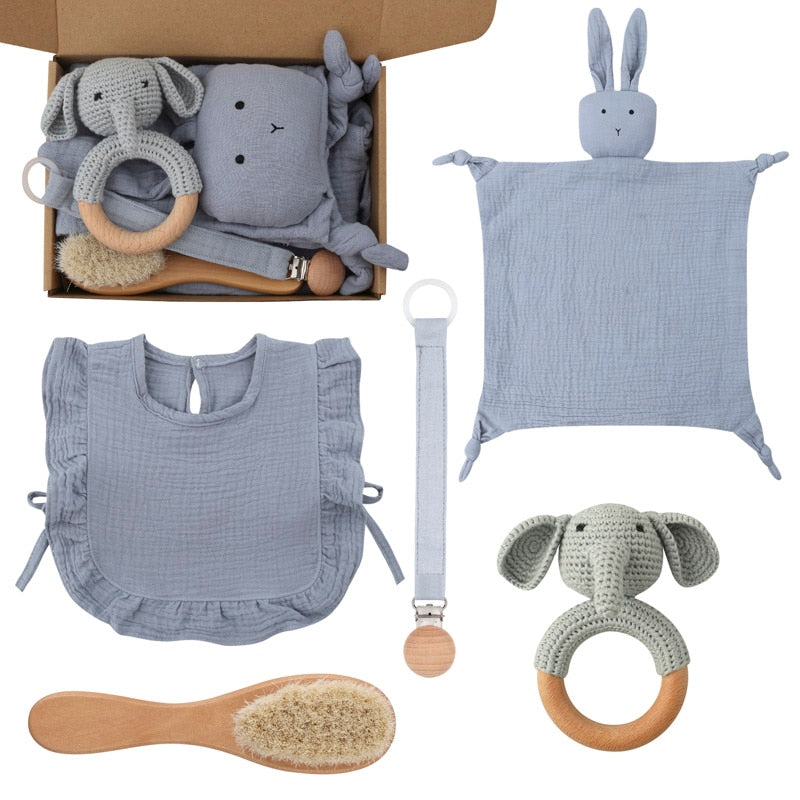 Brown Organic Baby Gift Set – Unique Combination of Teethers, Bib, & Comfort Toys