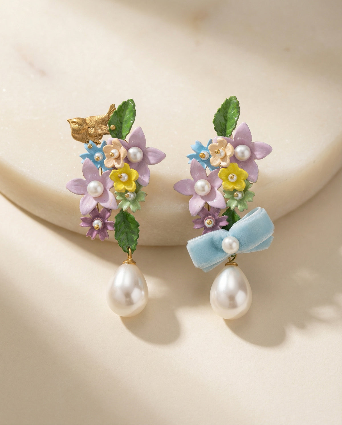 Handmade brass earrings with enamel flowers and pearl drop