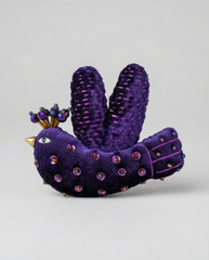Statement embroidered bird brooch in purple velvet