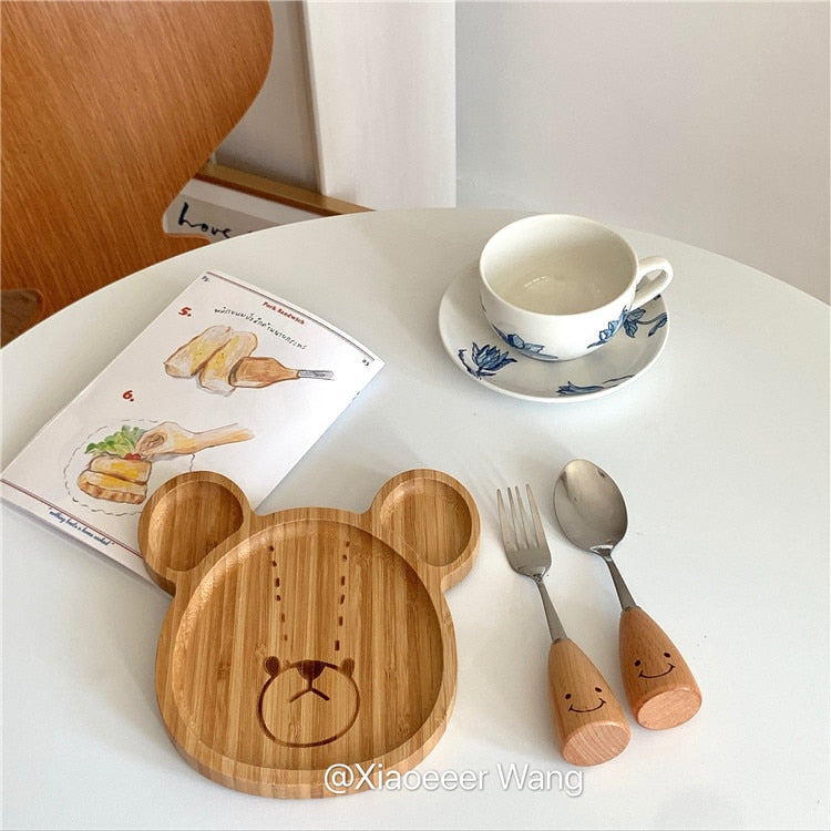 Bear Bamboo Plate Set with Smiley Fork & Spoon – Kid-Friendly Tableware