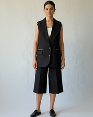 linen blend sleeveless blazer with decorative stitching