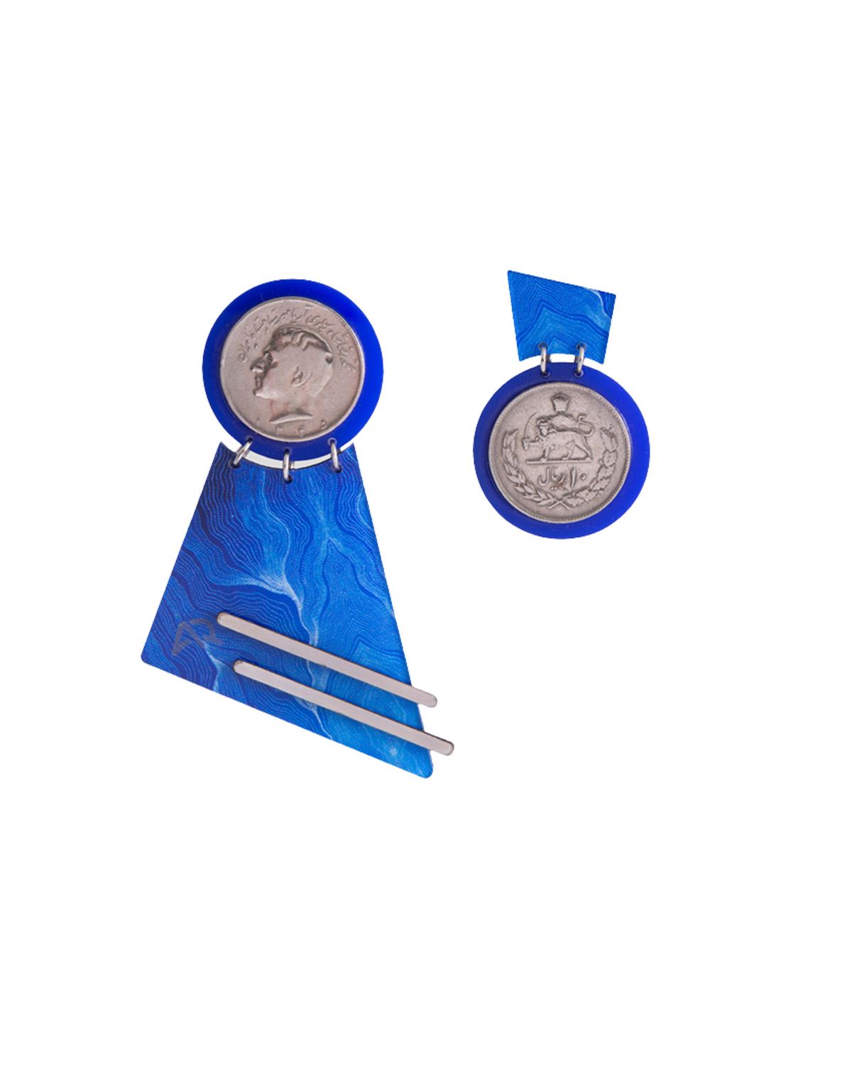 Asymmetric handmade earrings with Persian coin design in cobalt blue
