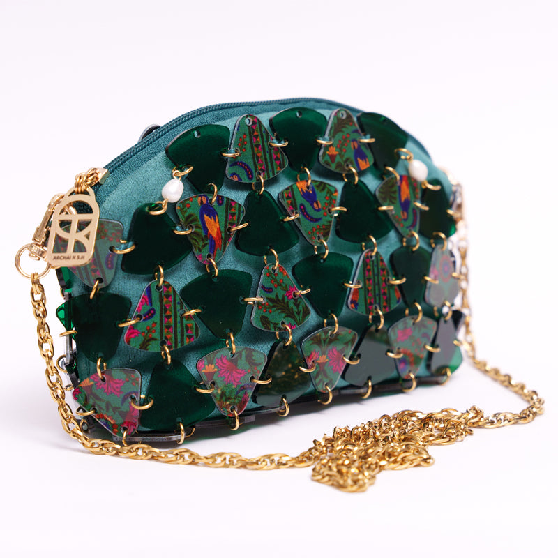 Handmade green Persian tile shoulder bag with gold chain