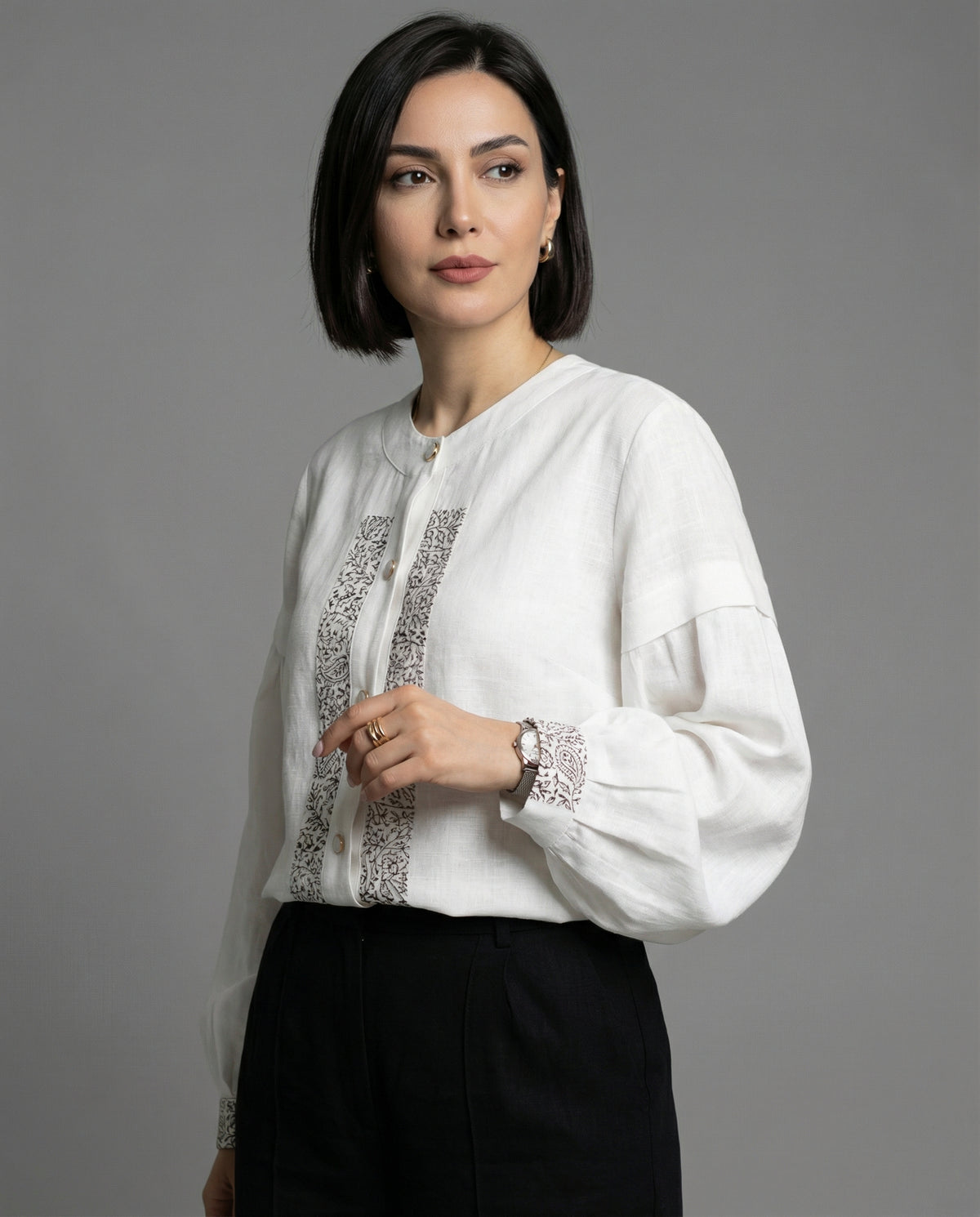 Ivory pure cotton blouse with Qalamkar front detail