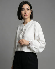Ivory pure cotton blouse with Qalamkar front detail