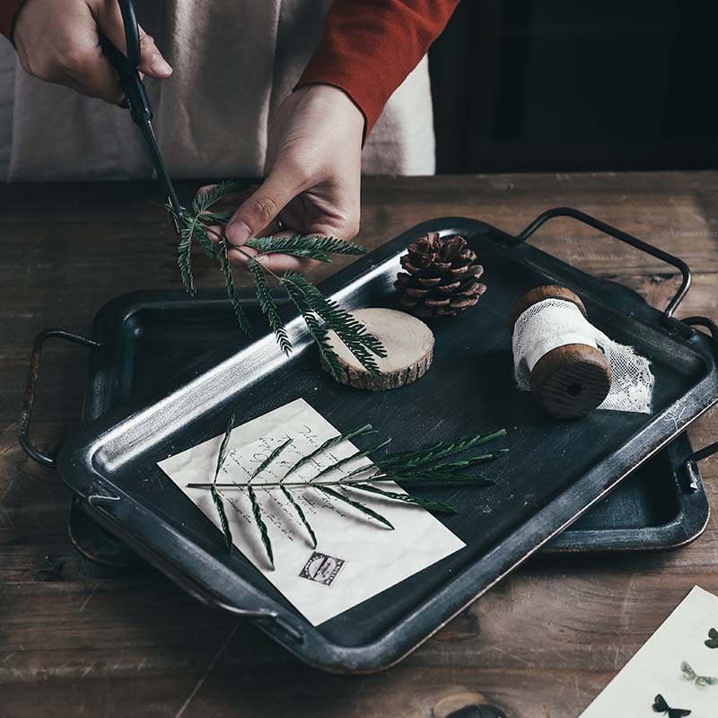 Retro iron tray with pine cone and greenery decor