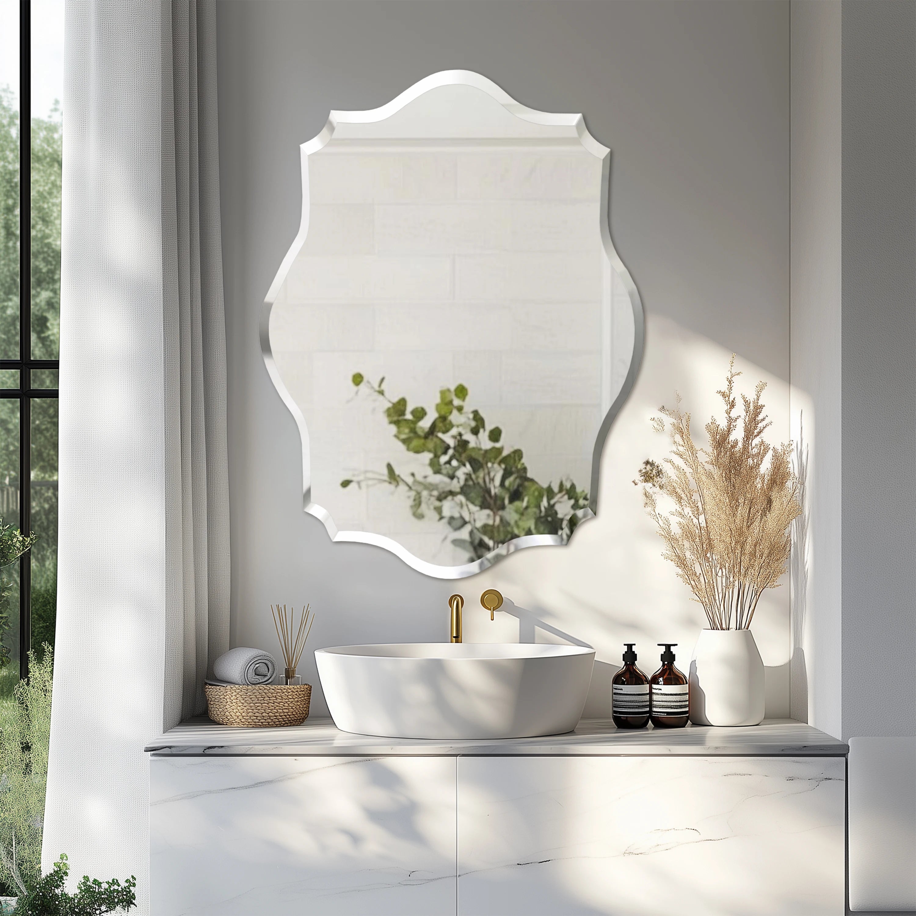Frameless Scalloped Beveled Wall Mirror