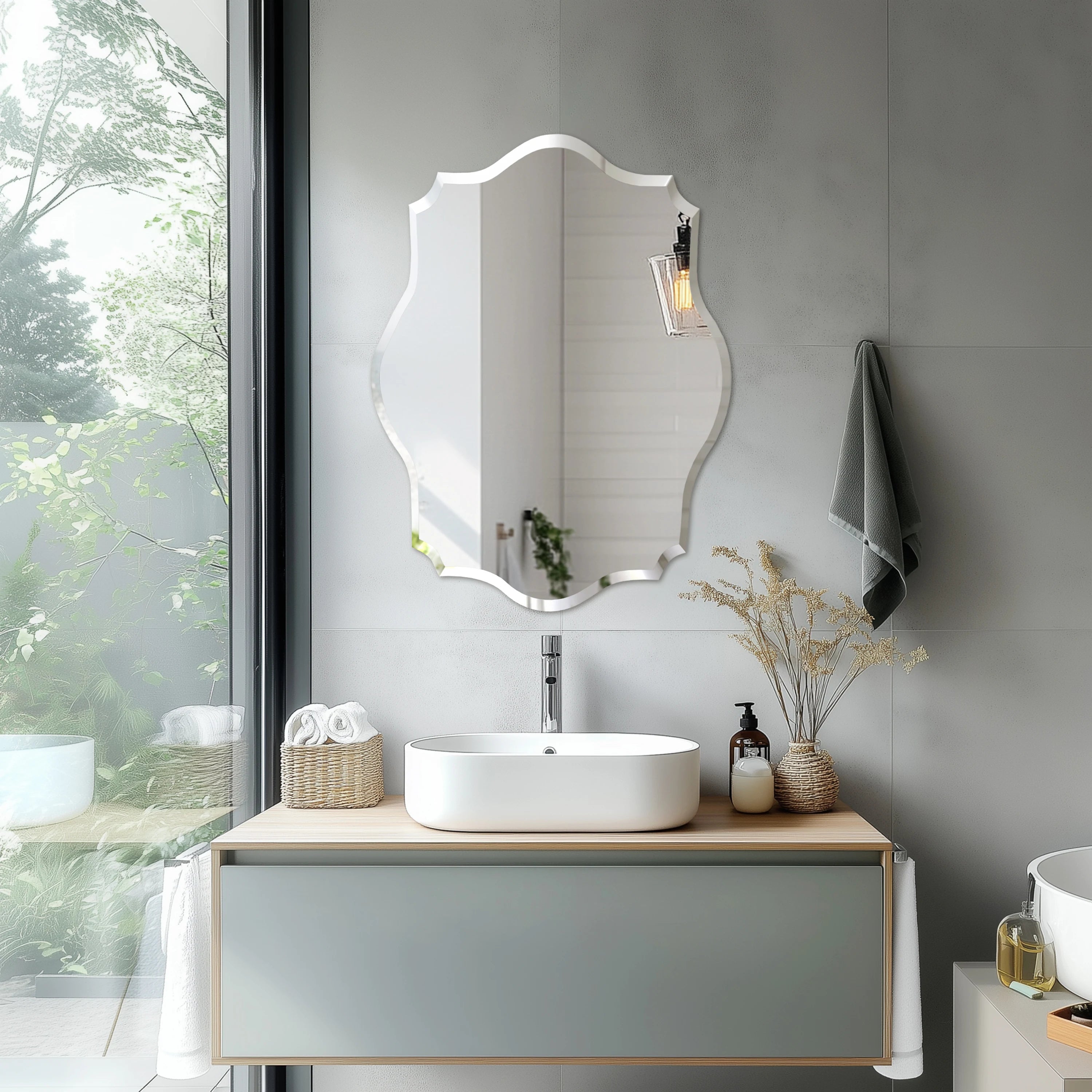 Frameless Scalloped Beveled Wall Mirror