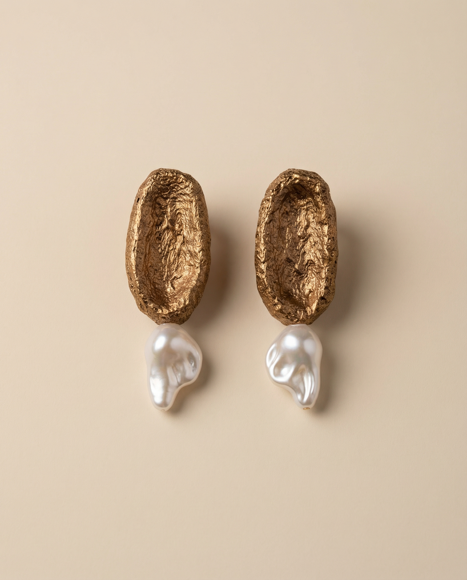 Handmade paper mache earrings with gold texture and pearl drop