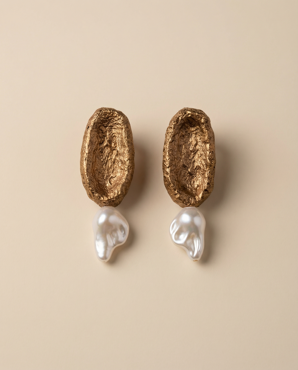 Handmade paper mache earrings with gold texture and pearl drop