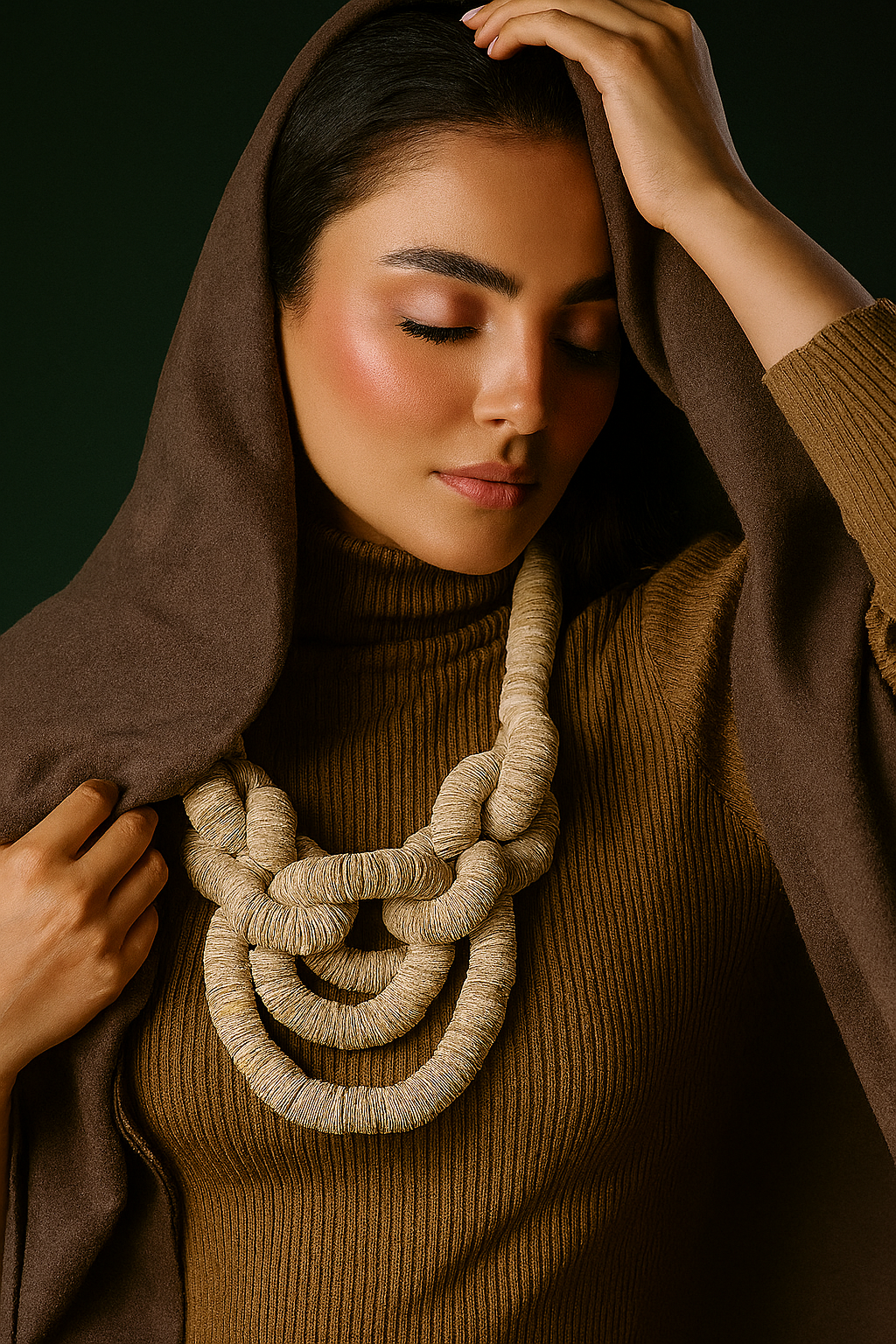 Eco-friendly statement jewelry worn by model