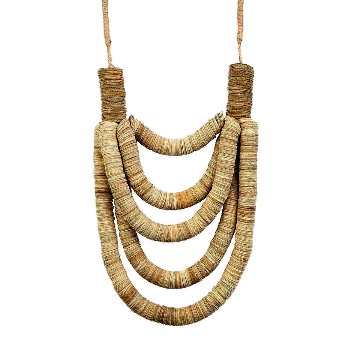 Close-up of layered statement necklace made from rolled recycled paper