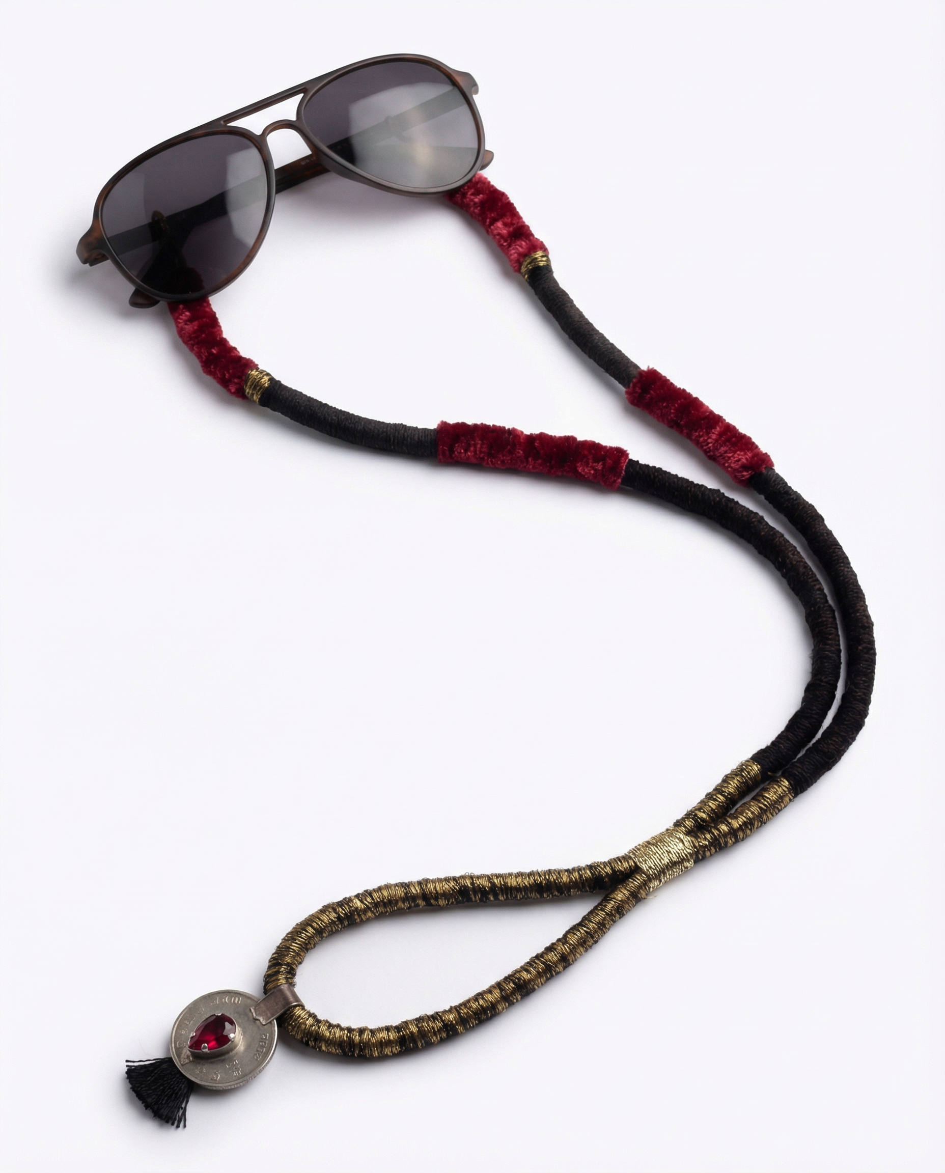 Sunglasses on a decorative cord with red and gold accents on a white background