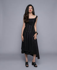 Black linen asymmetric midi skirt with pleats