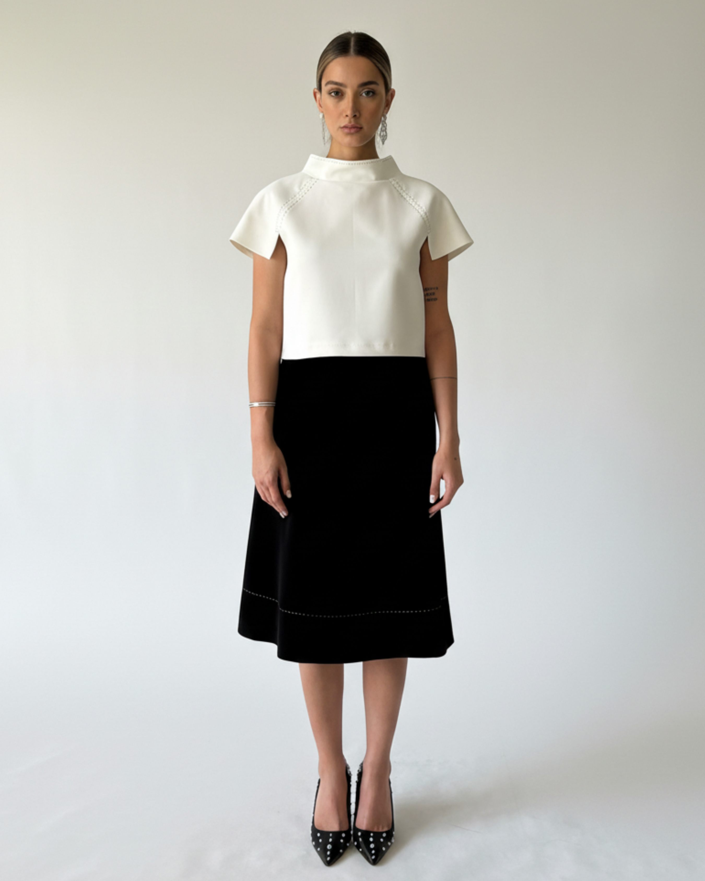 Premium Crepe Short Sleeve Top with Decorative Stitching