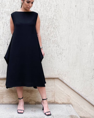 elegant black linen dress front view studio shot