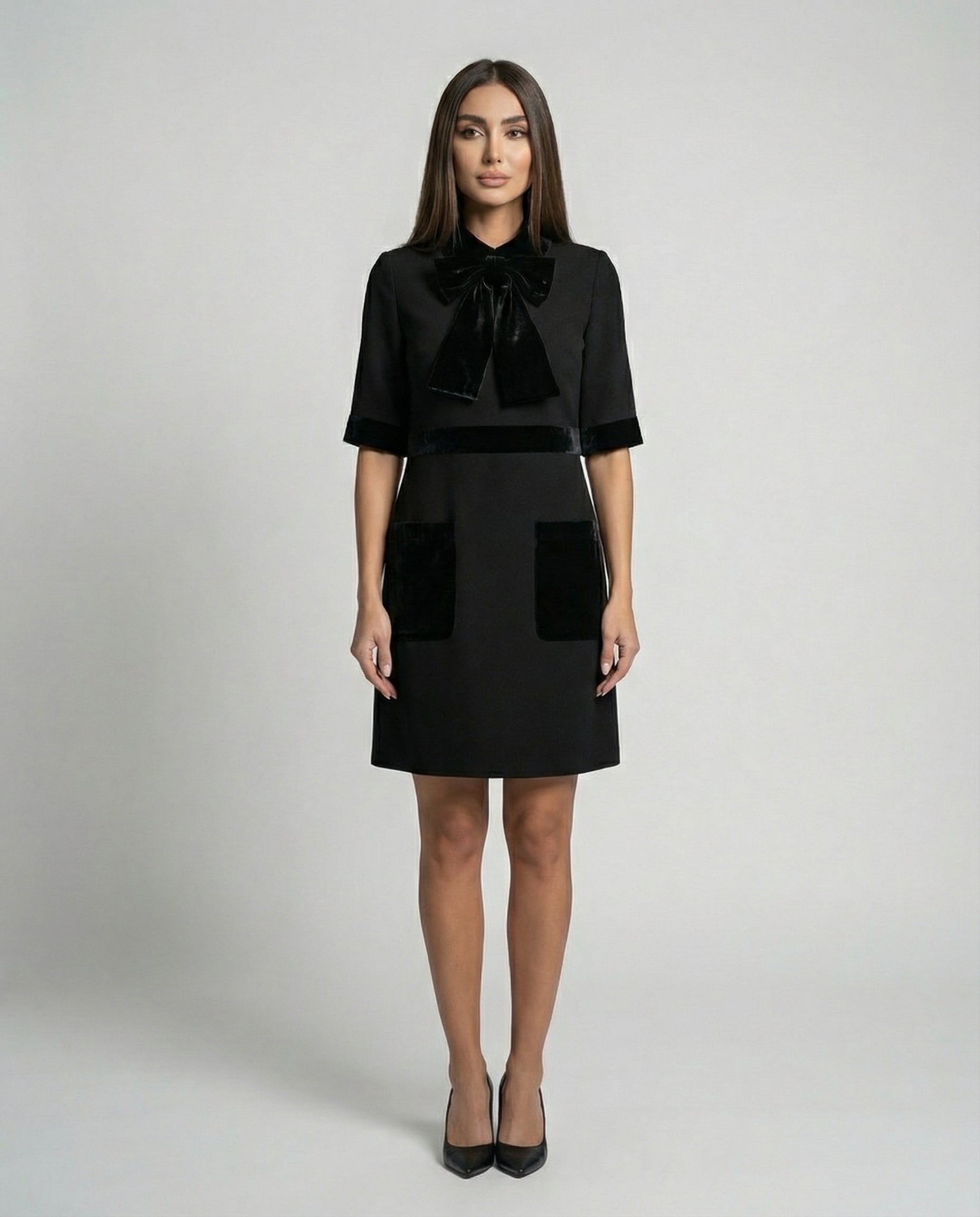 Black premium crepe dress with velvet bow neckline