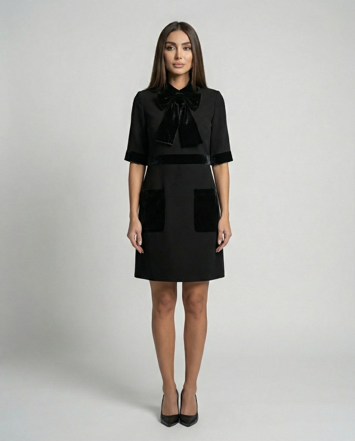 Black premium crepe dress with velvet bow neckline