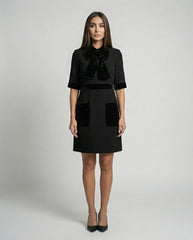 Black premium crepe dress with velvet bow neckline